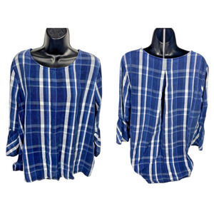 John Mark Top Size L Blue White Plaid Denim Chambray Preppy Coastal Tencel Shirt